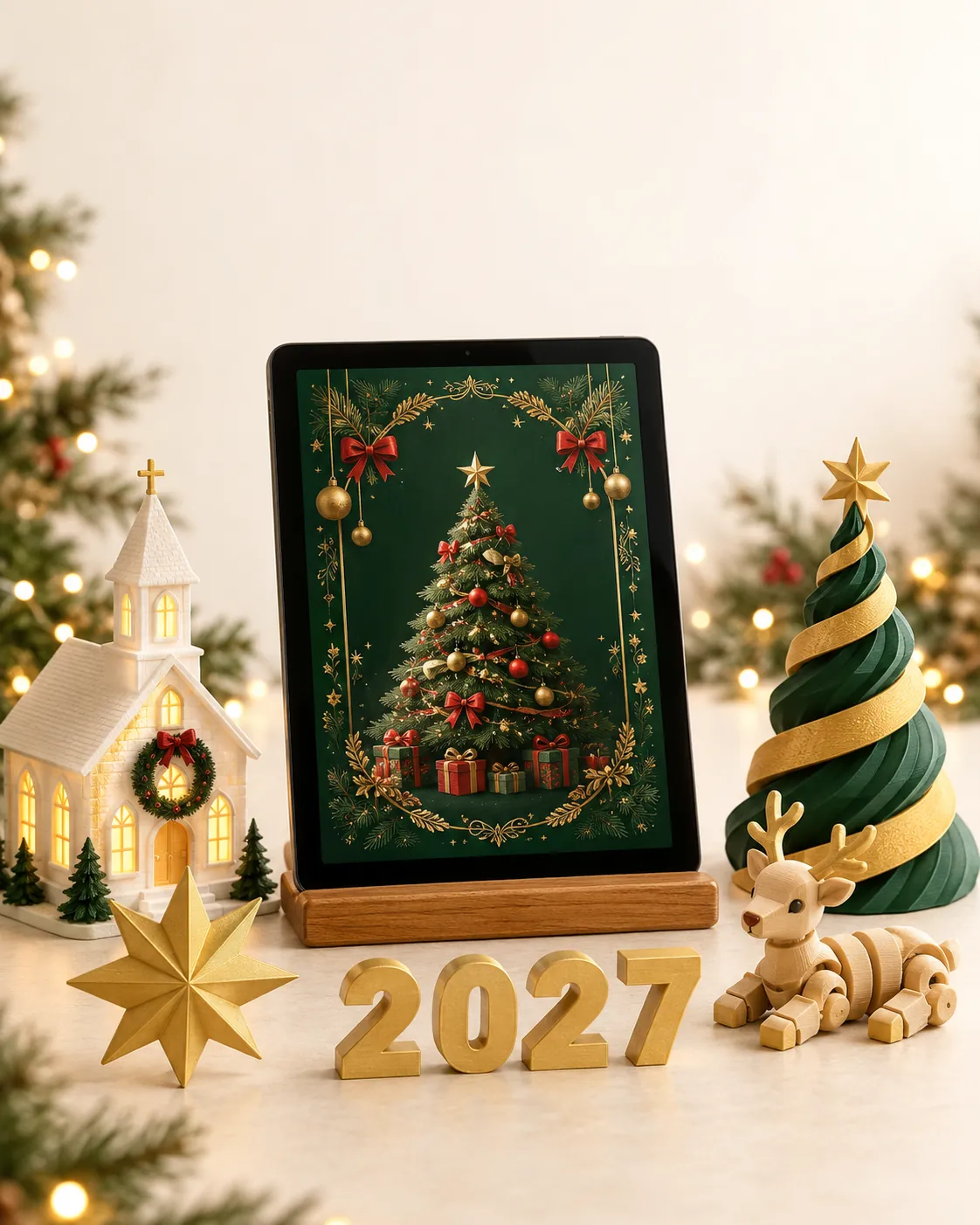 Tablet com o ebook Natal com Cores entre peças impressas em 3D: igrejinha da vila, árvore espiral, estrela, números 2027 e rena articulada