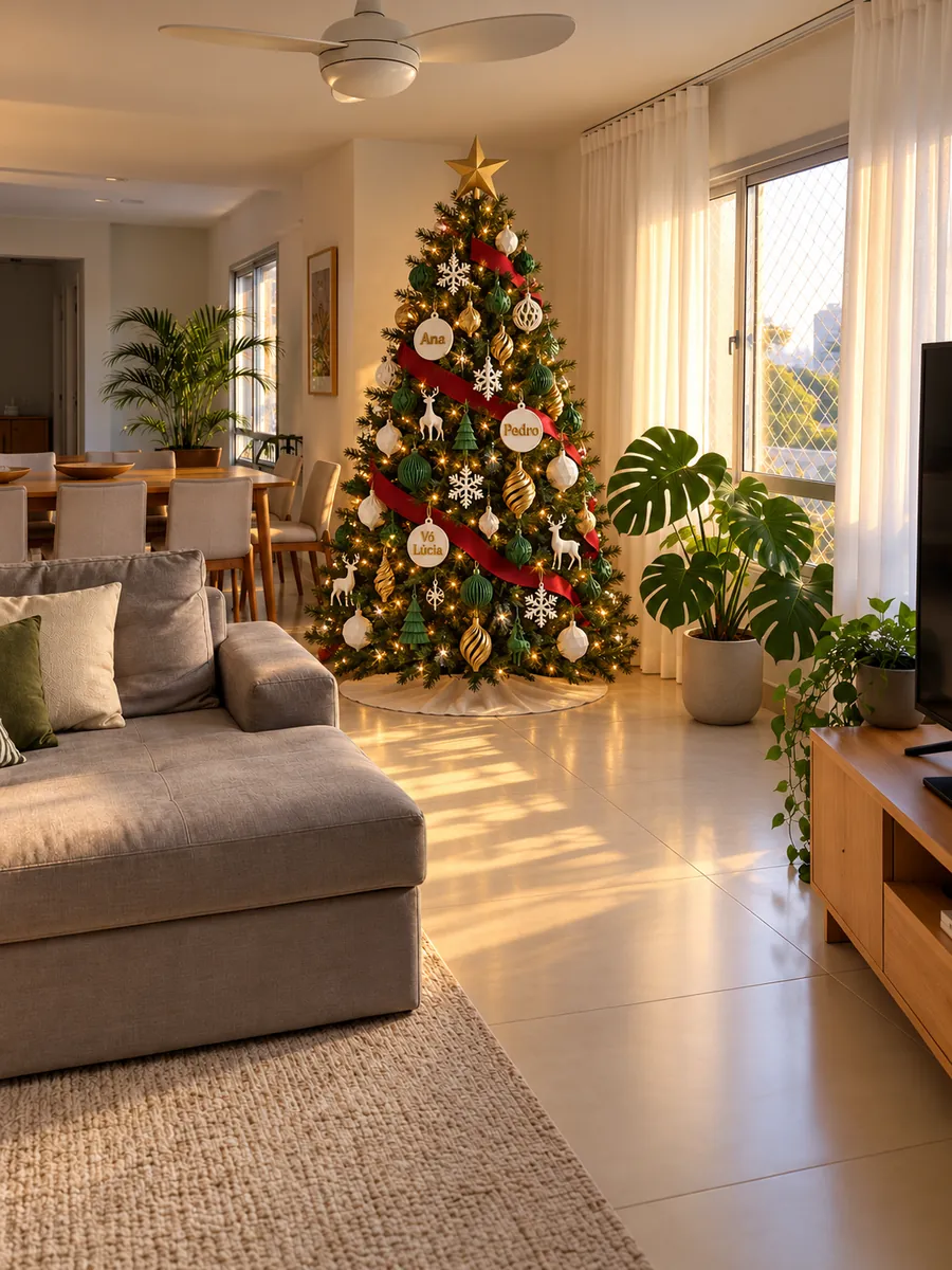 Prévia ilustrativa: árvore de Natal com bolas com nome, renas, flocos e espirais