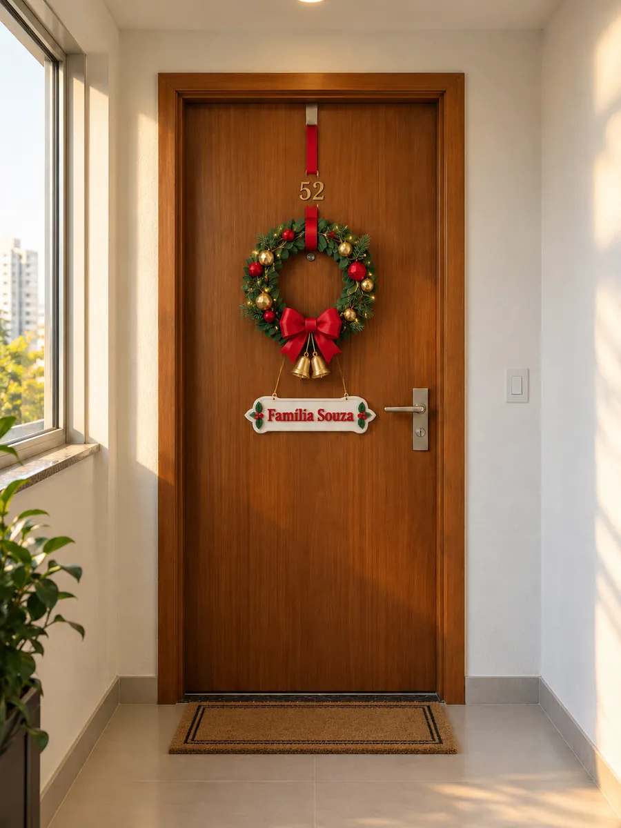 Prévia ilustrativa: porta de apartamento com guirlanda, laço, sinos e placa com o nome da família