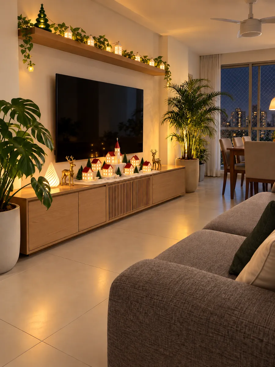 Prévia ilustrativa: vila de Natal iluminada em cima do rack da sala